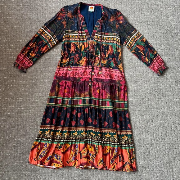 FARM Rio Mixed Patchwork Midi Dress Long Sleeve Tie Neck Size Small - Picture 9 of 10
